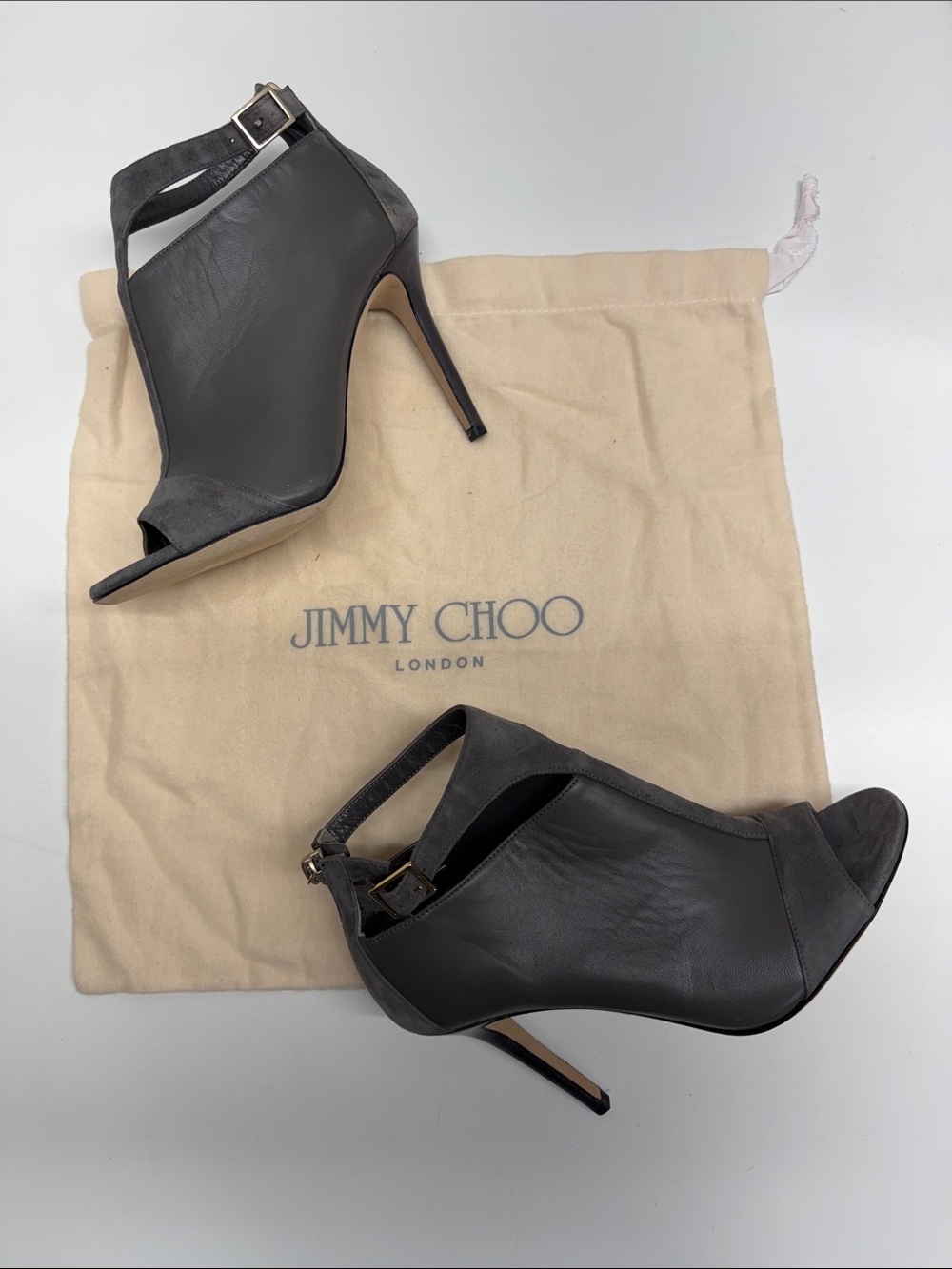 Jimmy Choo Viana Ankle Boots High Heel Open Toe Suede Heels Booties Gray Size 37